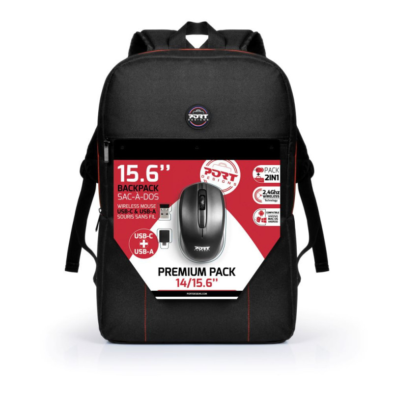 Sac À Dos PORT DESIGNS+ Souris Sans Fil 2.4Ghz USB-C & USB-A 14/15.6 Pouces - Noir