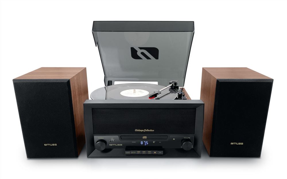 Micro Système CD Avec Platine Vinyle Sans Fil - Noir / Gris / Bois