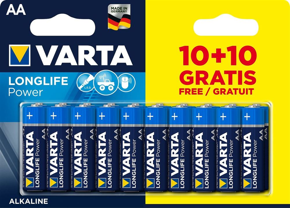 20 Piles Alcalines VARTA Très Longue Durée AA/LR6 Dont 10 Gratuites