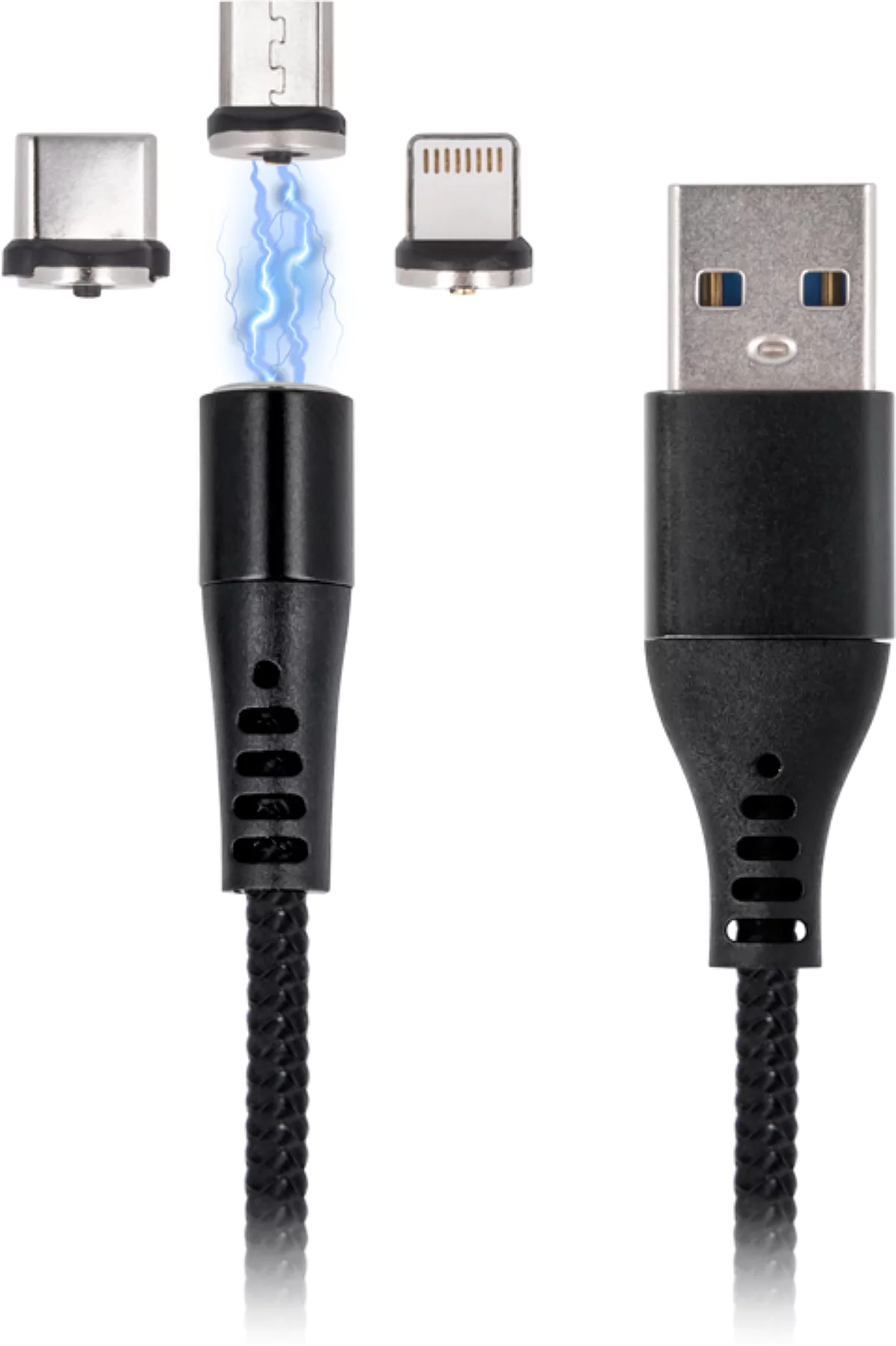 Câble Magnétique Maxlife MXUC-03 USB Lightning, USB-C, microUSB, 1M, 3A - Nylon Noir