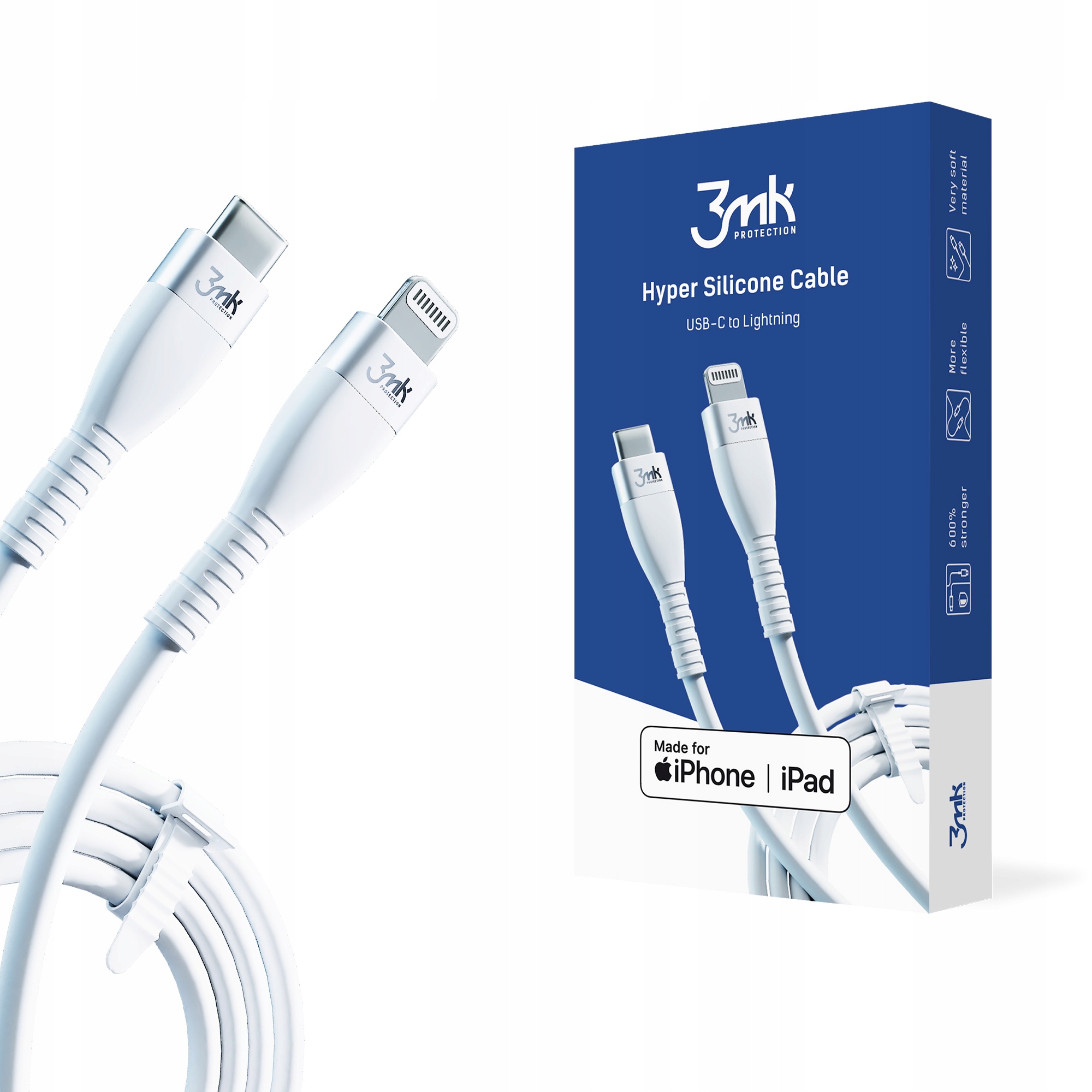 Câble 3MK USB-C Vers Lightning, 20W, Charge Rapide, Silicone Résistant, 1M - Blanc