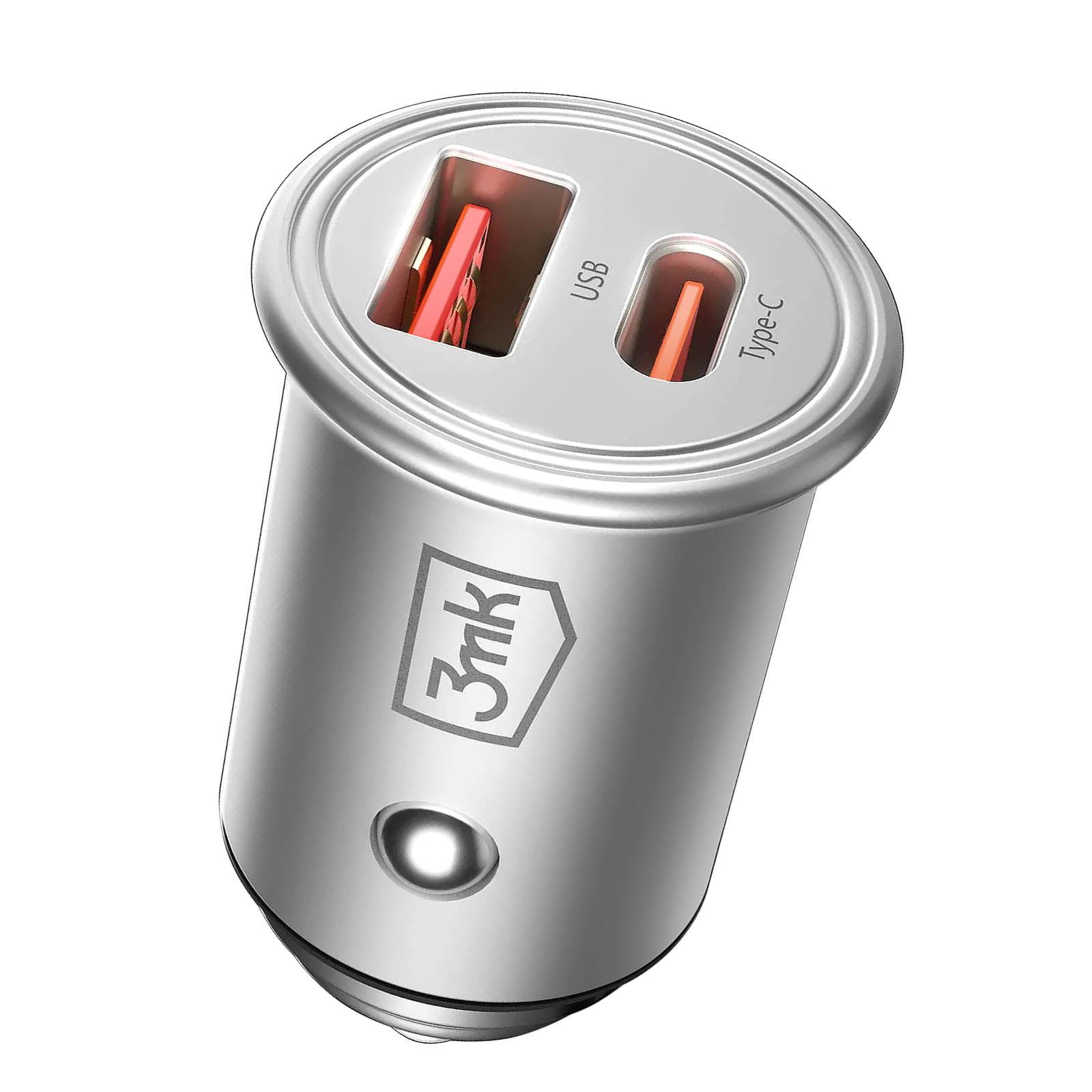 Chargeur Allume Cigare Ultra compact 3MK 45W Double Port USB et USB C - Argent