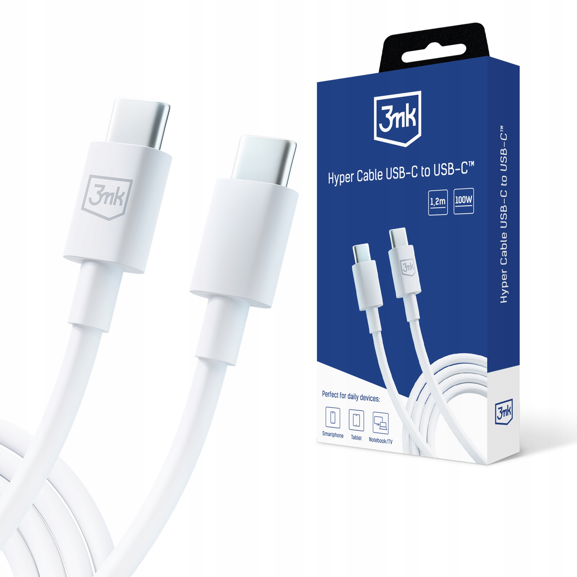 Câble 3MK Hyper USB-C Vers USB-C - 100W - 1,2M - Blanc