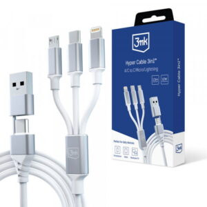 Câble Hyper 3-En-1 De 1.5M USB-A / USB-C Vers MicroUSB / USB-C / Lightning - Blanc