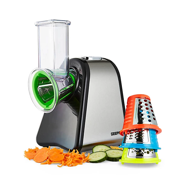 Robot À Salade Électrique 4 En 1 Geepas 200W : Râpe Multifonctions, Coupe-Fruits, Trancheuse À Légumes, Râpe À Légumes