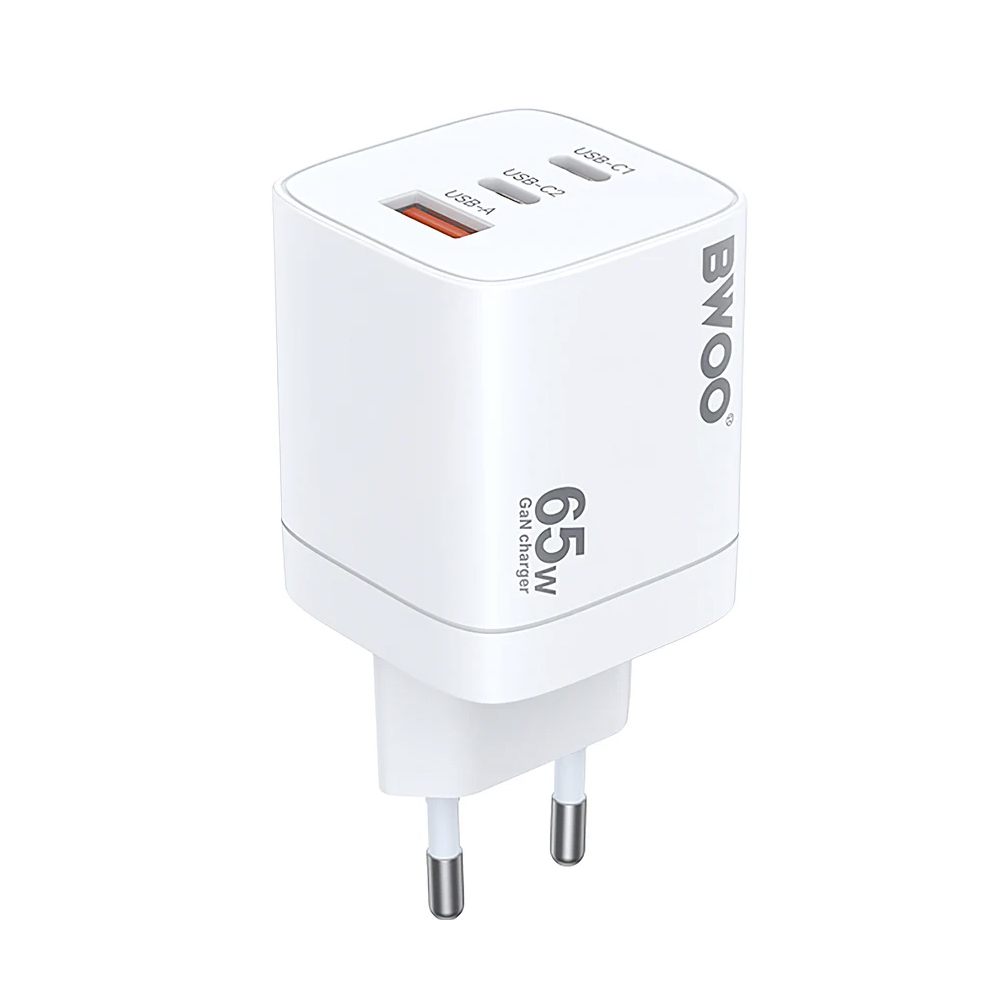 Chargeur Secteur BWOO Gan USB-C Vers USB-A, 65W, 3 Ports - Blanc