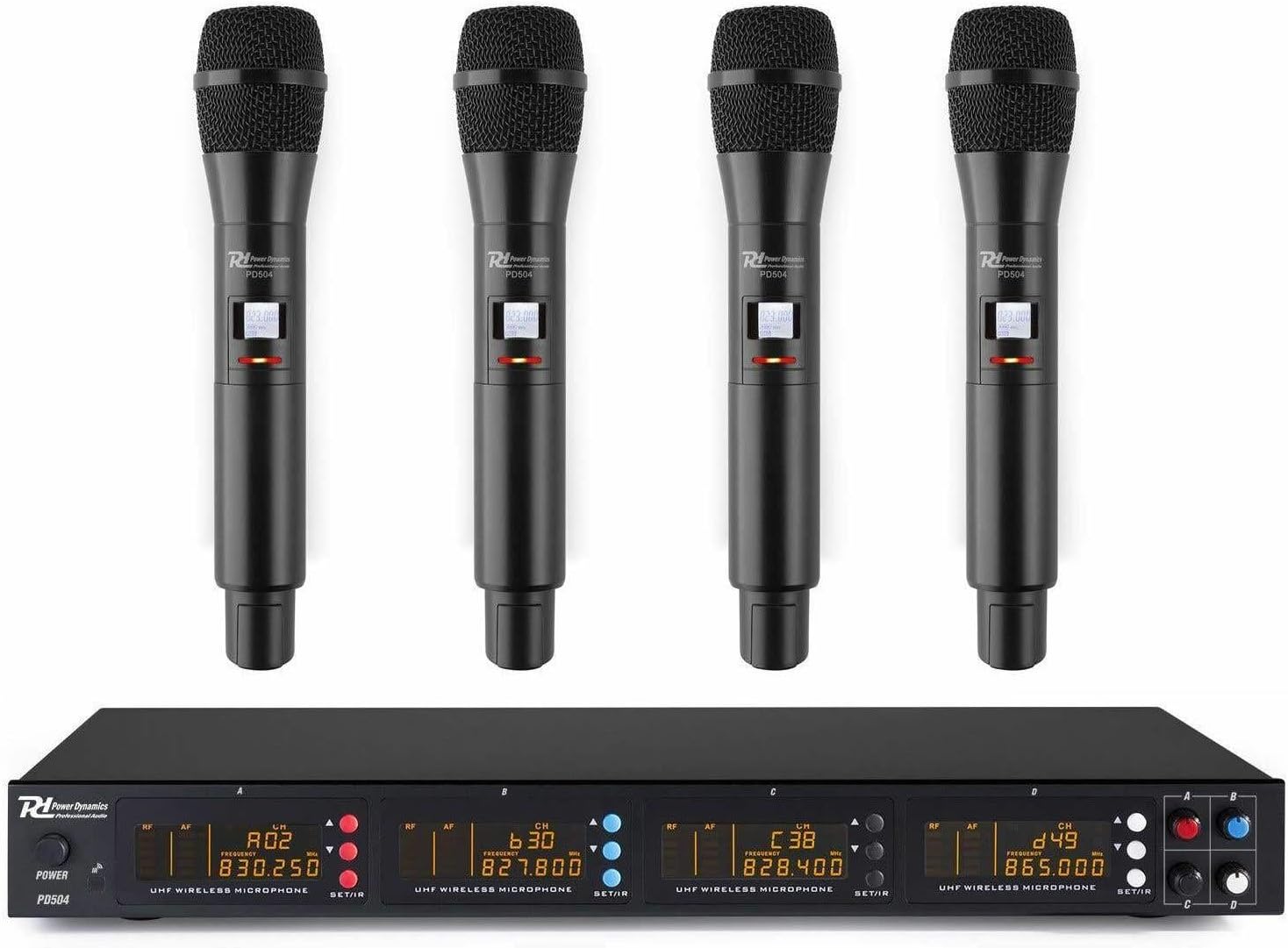 Micros Sans Fil UHF POWER DYNAMICS PD504H Set De 4 + Émetteur - 4x XLR Pour Table De Mixage Ou Ampli